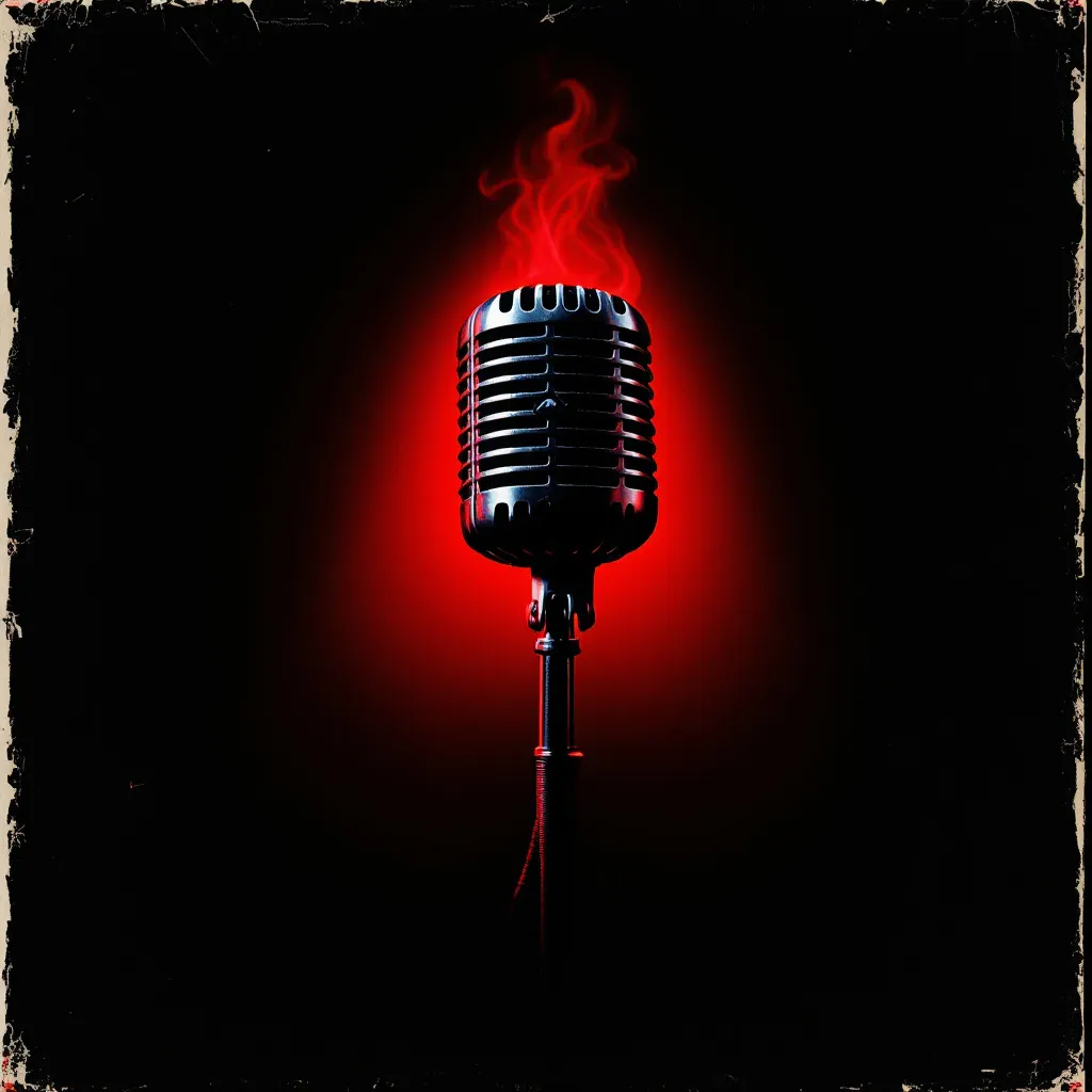 Neon Wreckage album cover — a chrome microphone in a red spotlight