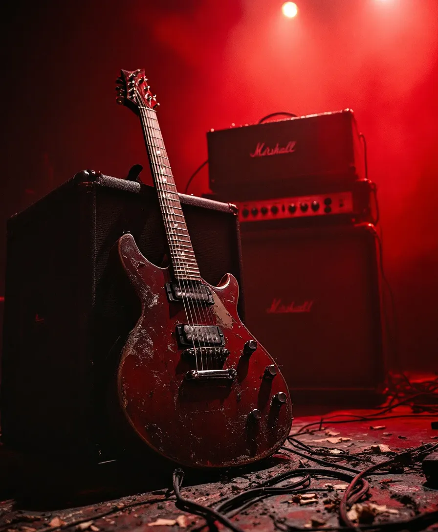 Battered electric guitar against a wall of amplifiers under red light