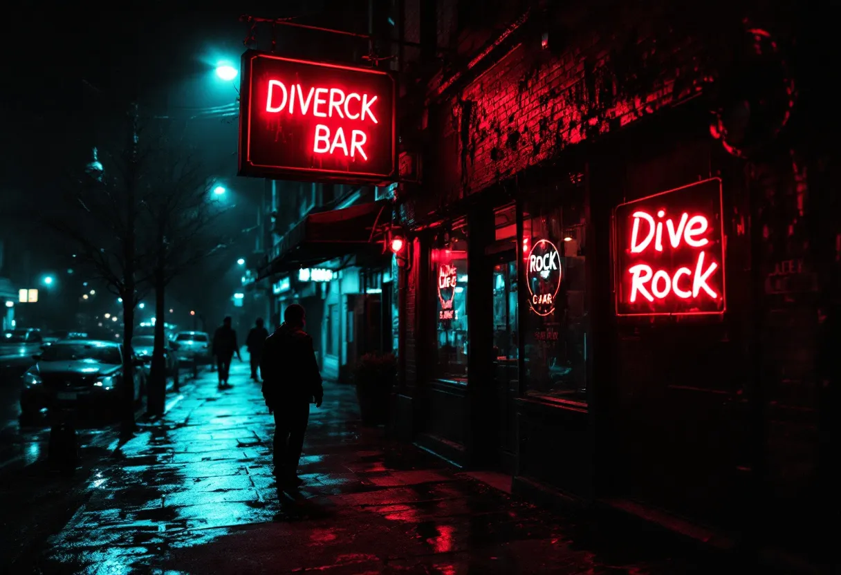 Dive rock bar glowing with red neon at night