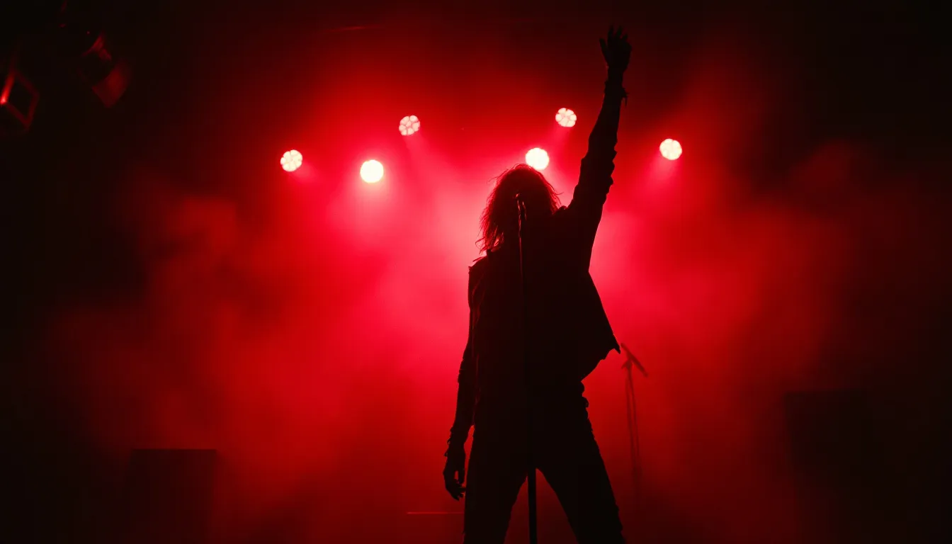 Static Mercy's frontman silhouetted on a smoky club stage under red lights
