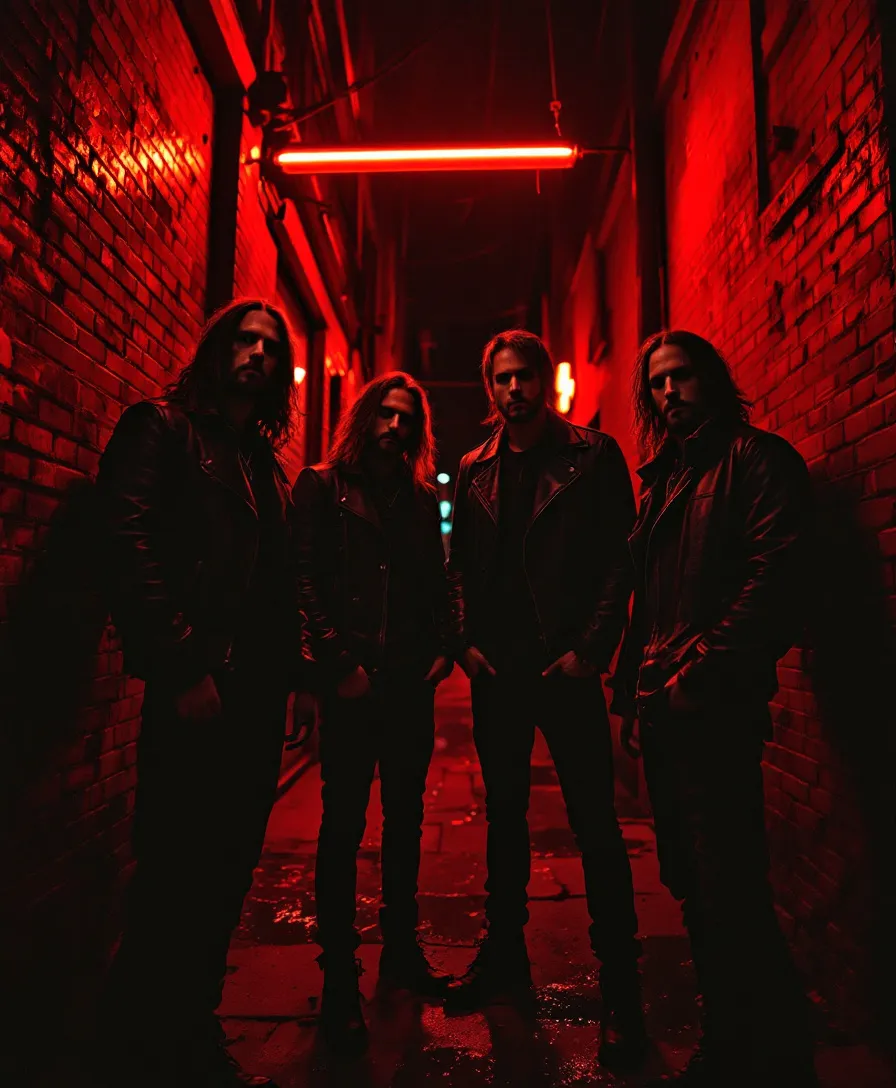 The four members of Static Mercy in an alley under red neon